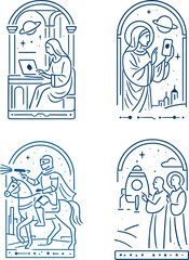 A futuristic collection of minimalist line art illustrations combining sacred iconography with modern technology, depicting digital saints, cosmic explorers, and spiritual sci-fi symbolism.