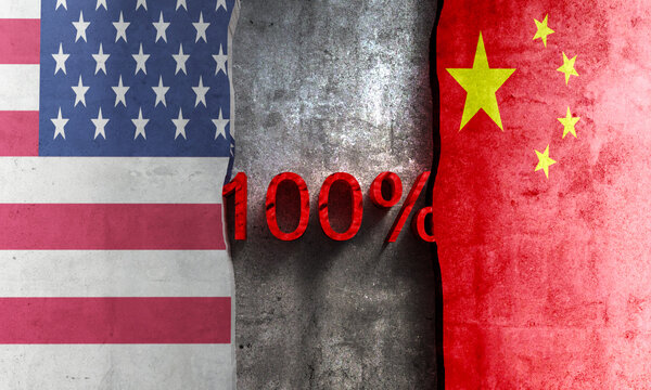 usa us united state america vs china flag crisis conflict tariff trade 100% Percent tax chinese import export logistic international government politic diplomacy industry usa china commerce china usa