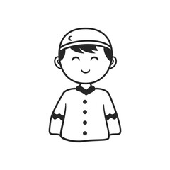 Hand-Drawn Smiling Muslim Child in Kufi with Crescent Moon Doodle Icon