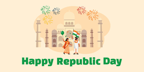 Happy Republic Day of India, 26th January celebration banner with people celebrating, holding Indian flags, balloons, and drums, festive background with fireworks, garlands, and traditional decoration