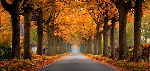 A breathtaking autumn tree lined path bathed in warm golden light