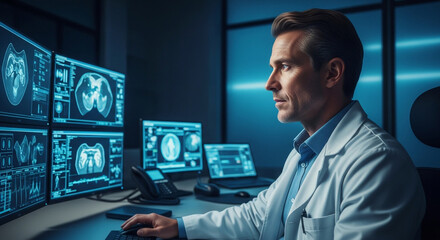 Professional doctor analyzing medical scans on multiple monitors in a modern, high-tech diagnostic lab at night