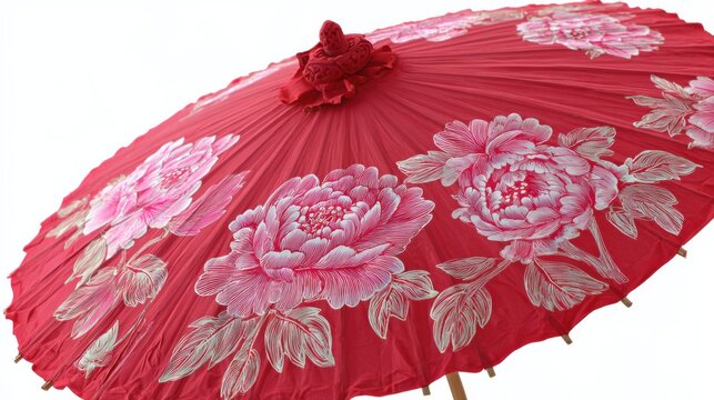 Red Asian Umbrella with Floral Design, Traditional Japanese Parasol for Festive Celebrations and Cultural Events - Powered by Adobe