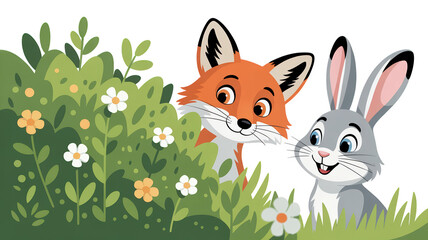 A curious fox and a smiling rabbit peek from behind bushes.