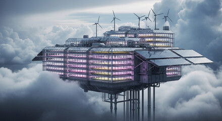 Innovative vertical farm structure powered by wind and solar energy floats serenely above clouds, promising sustainable future agriculture.