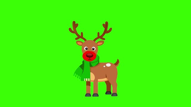 a flat-style icon of a reindeer wearing a red nose and green scarf, standing in snow, no background.