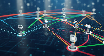 Dynamic digital network connects abstract people icons symbolizing global communication and data flow across vibrant interconnected lines