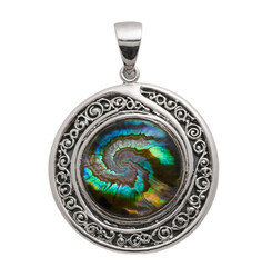 Obraz premium Artistic swirl pendant with abalone shell in silver frame on transparent background transparent background isolated png stock