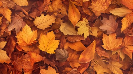 A pile of fallen leaves in various shades of brown and orange, arranged to create a warm, textured autumnal background that captures the cozy, earthy vibe of the fall season.