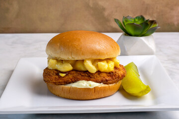 chicken fillet sandwich  with macaroni and cheese,