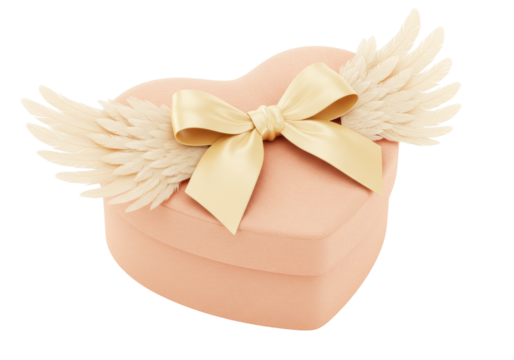 Heart-shaped gift box with wings and bow isolated PNG, romantic present for Valentine s Day or anniversary on transparent background