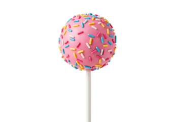 Pink cake pop with colorful sprinkles isolated on white, sweet dessert for party and celebration PNG