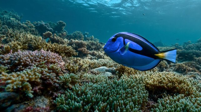 Blue tang fish coral reef underwater