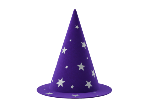 Purple wizard hat with stars isolated PNG, magical costume accessory for Halloween and fantasy themed designs