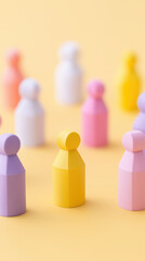 Colorful wooden human figures arranged on yellow background