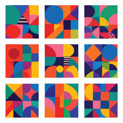 Vibrant geometric patterns in bold colors create a cheerful and modern aesthetic, perfect for adding a playful touch to any creative project or design.