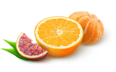 Half orange, peeled tangerine, piece of blood (red) orange isolated on white background
