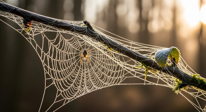 A spiderweb glistening with dew drops stretched between branches in a forest illuminated by sunlight