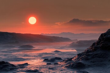 Obraz premium Stunning sunset over rocky coastline with calm water and distant hills