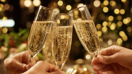 Festive Celebration Toast with Sparkling Wine Glasses and Holiday Lights Background, Capturing Joy and Togetherness