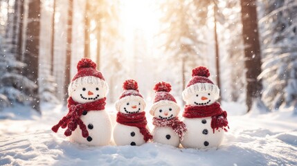 Four Cheerful Snowmen in a Snowy Winter Forest, Wearing Red Knitted Hats and Scarves, Illuminated by Sunlight