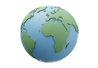 Earth globe isolated on transparent background, 3D rendering of world continents and oceans for geography and environmental concepts