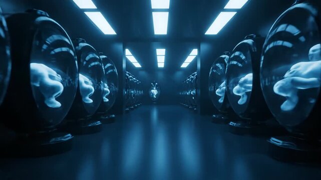 A futuristic hallway showcases a series of pod-like structures, each containing a luminous, humanoid figure. Fluorescent lights illuminate the scene