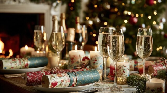 Festive Holiday Celebration Table Setting with Champagne, Christmas Crackers, and Candles for a Warm Gathering
