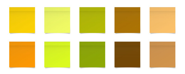 Set of square paper stickers. Stick in notes. Beige, brown, green, yellow, and orange colors. Multicolor post it notes. Sheets of paper. Tag, sticky note. Autumn palette