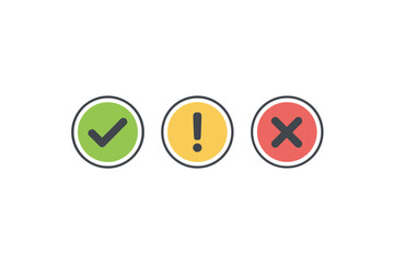 Check mark, exclamation, cross mark icons. Yes, no, warning signs. Green tick, red X, yellow alert. Flat round buttons for vote, decision, status. Correct, error, success, failure.