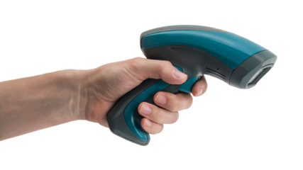 hand holding barcode scanner. Isolated on transparent background, png