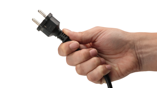 hand holding an electrical plug. Isolated on transparent background, png