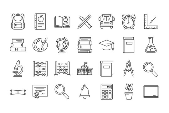 Back to School education outline icon set. Learning and knowledge day concept. School supplies symbols like book, bus, globe, diploma, microscope, calculator. Vector web pictograms. - Powered by Adobe