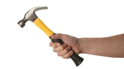 hand confidently holding a hammer. Isolated on transparent background, png