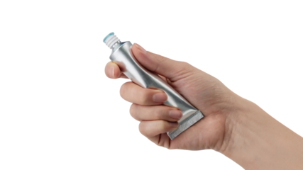  hand holding a tube of cream. Isolated on transparent background, png