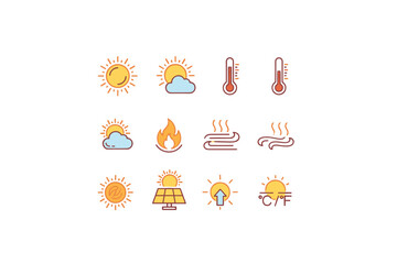 Sunny weather and solar energy icons collection with sun, cloud, fire, temperature, heat wave, solar panel, Celsius and Fahrenheit symbols for weather and climate concepts