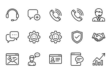 Support service isolated vector icons set with customer service headset, phone calls, chat bubbles, security shield, handshake agreement, business growth and user profile symbols
