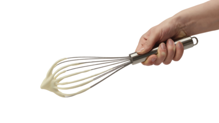Hand holding whisk and mixture ready to start cooking. Isolated on transparent background, png