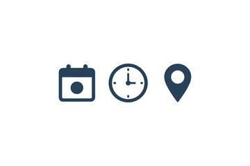 Travel and Planning Icons Set with Calendar Date, Clock Time, and Location Pin for Scheduling and Navigation Concepts
