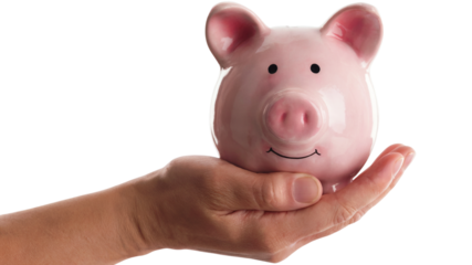 Hand holding a piggy bank, symbolizing savings and financial security. Isolated on transparent background, png