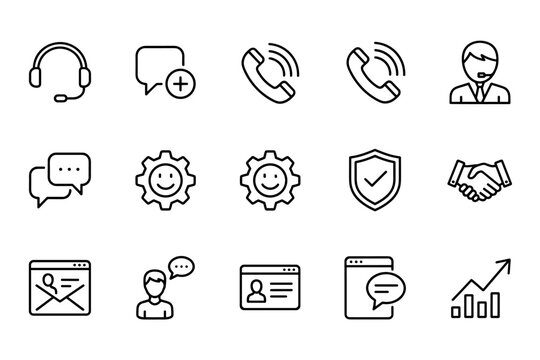 Support service isolated vector icons set with customer service headset, phone calls, chat bubbles, security shield, handshake agreement, business growth and user profile symbols
