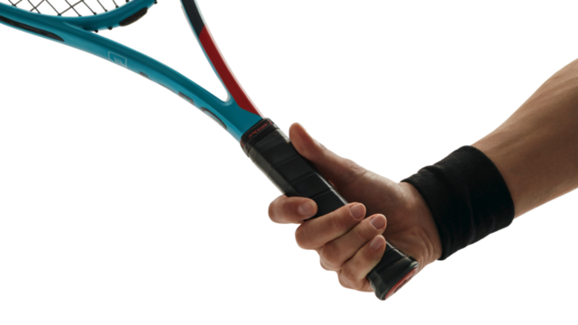 Tennis player's hand grip on a racket. Isolated on transparent background, png