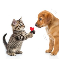Cute kitten offering a red heart to a puppy, isolated on white background