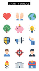 Charity and Donation Icons Bundle - Heart, Hands, Globe, Tree, Piggy Bank, Light Bulb.