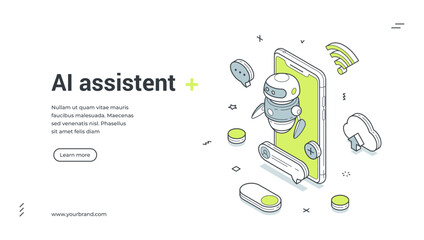 AI assistant chatbot mobile app customer support isometric contoured web banner design template vector illustration. Artificial intelligence virtual robotic communication digital technology