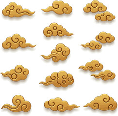 Create a kinds of deferent 3d render of chinese golden cloud icon. vector art with white background..