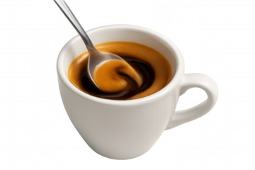 Espresso coffee with spoon stirring creamy foam in white cup, enjoying morning beverage, transparent background