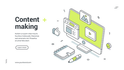 Content making creative writing storytelling isometric web banner design template vector illustration. Internet digital author journalist marketing blog multimedia technology communication ad