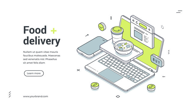 Food delivery internet menu service laptop contoured isometric web banner design template vector illustration. Order meal dish online shop cafe restaurant cyberspace computer smartphone technology - Powered by Adobe