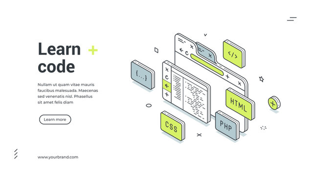 Programming code learning software development isometric web banner design template vector illustration. Program coding automation digital technology engineering network script algorithm studying